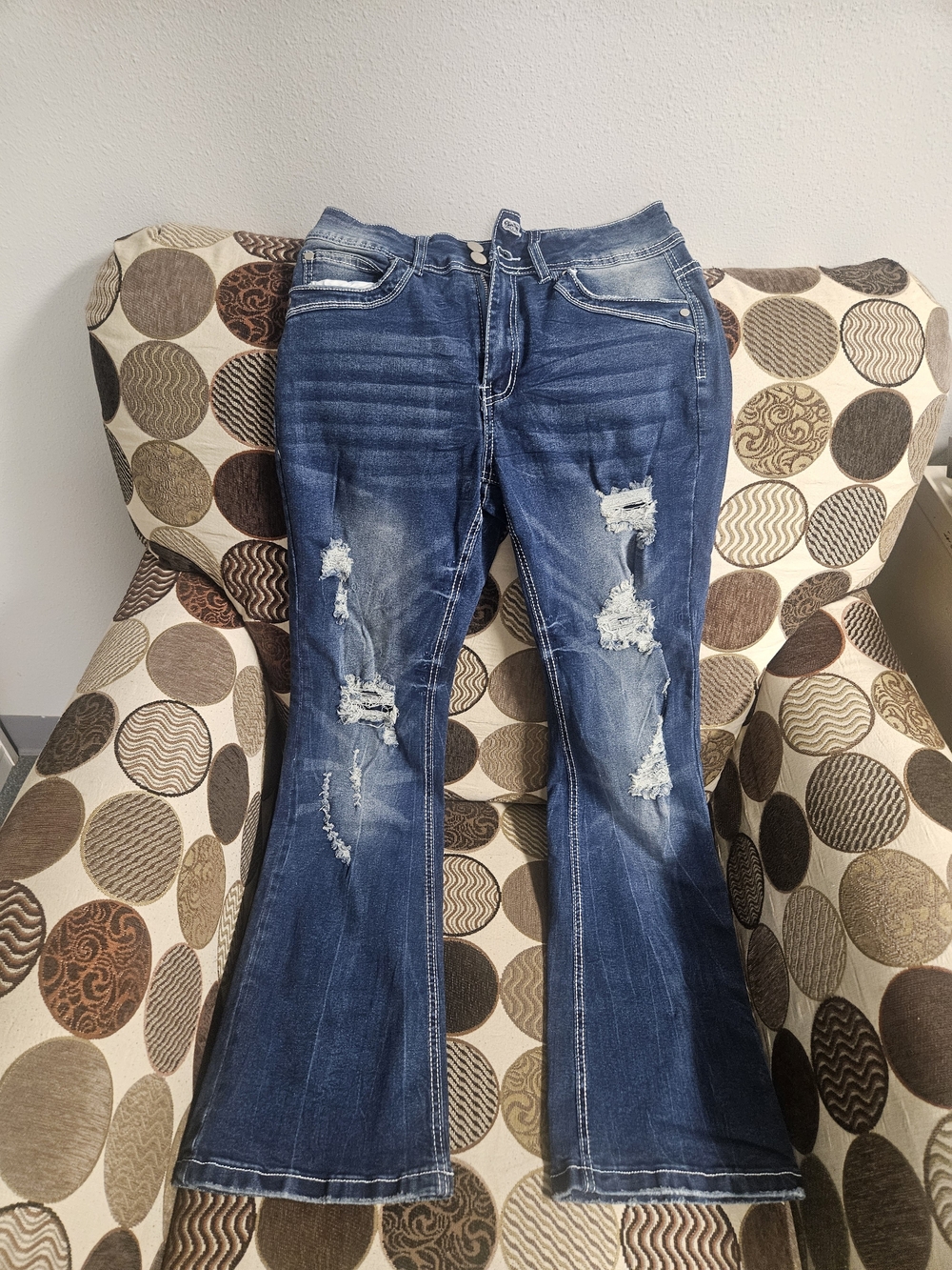 Distressed Dark Blue Flare Jeans for Women